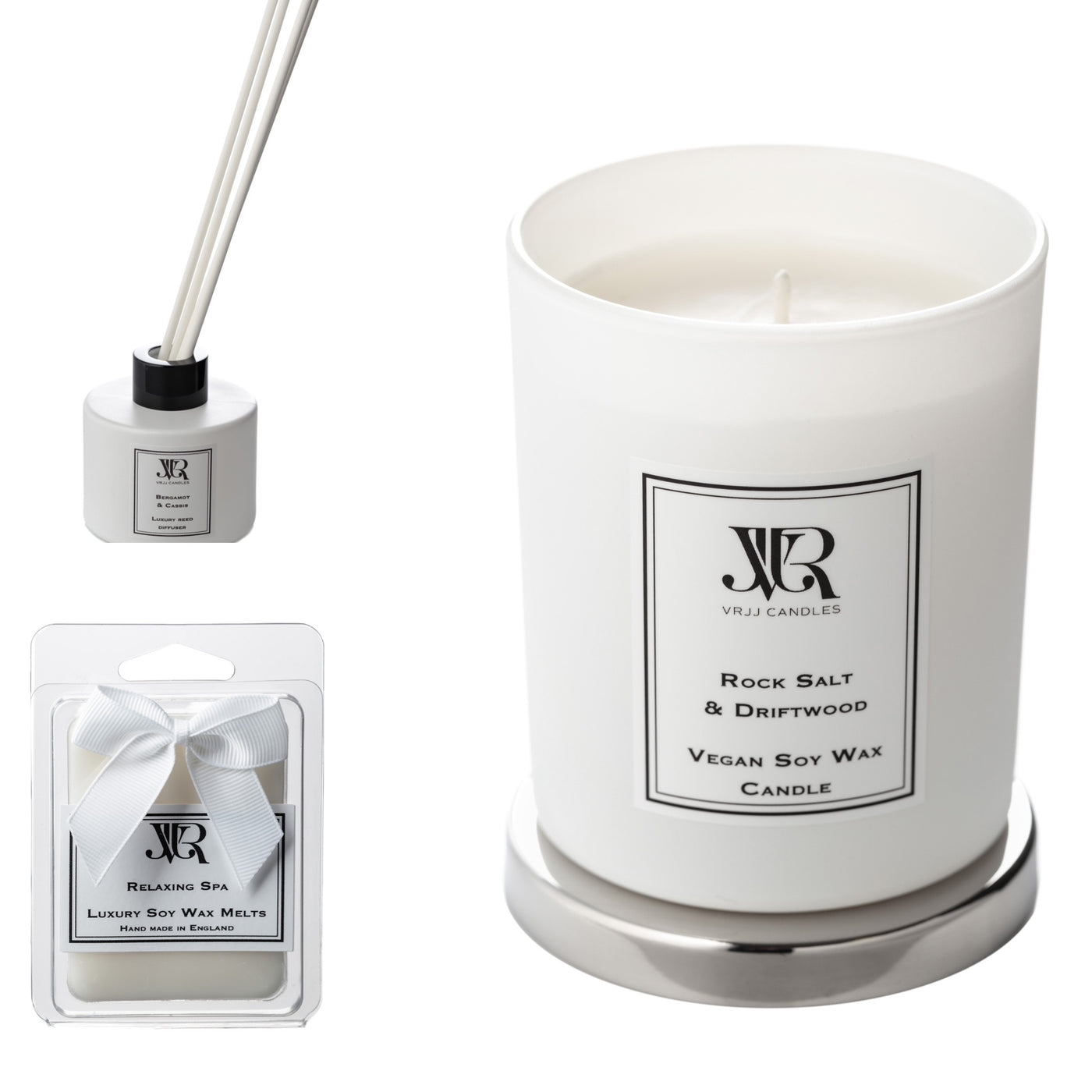 Rock Salt & Driftwood Candle, Diffuser, and Wax Melt Bundle  V R J J CANDLES   